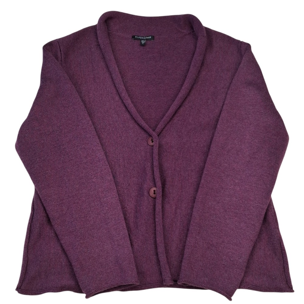 Eileen Fisher Cardigan Purple PL Merino Wool 100% Layering Cozy Buttons Work